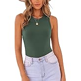 MISSJOY Women's Basic Sleeveless Racer Back Halter Neck Ribbed Bodysuit Tank Tops
