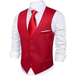Barry.Wang Men Red Formal Vest Striped V-neck