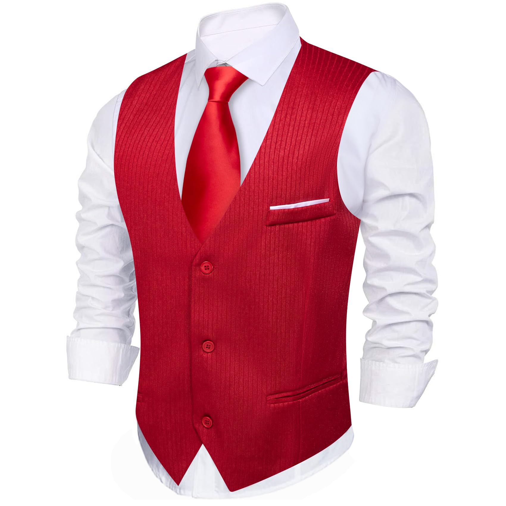 Barry.Wang Men Red Formal Vest Striped V-neck
