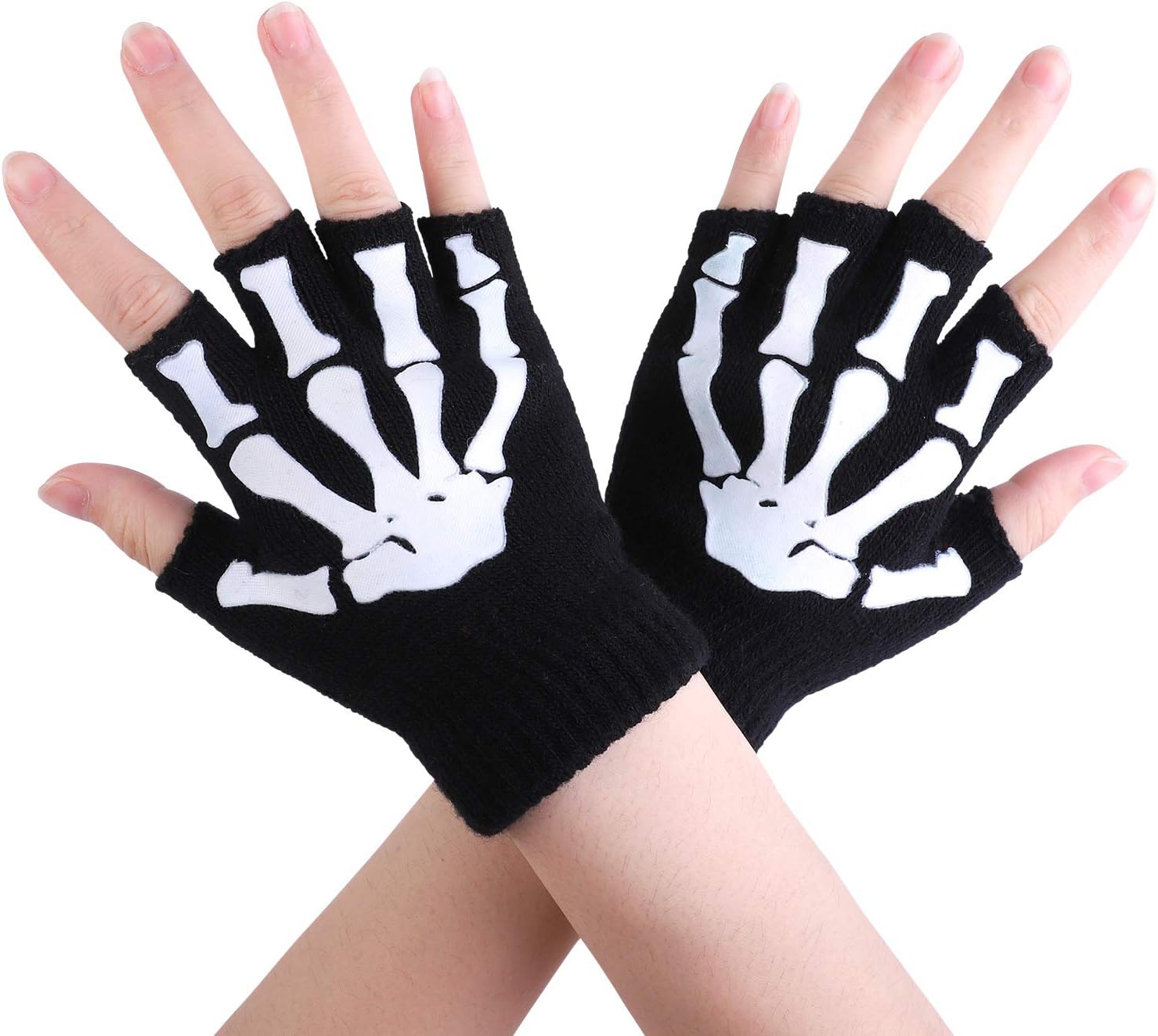 Cooraby 2 Pairs Kids Skeleton Gloves Glow in The Dark Fingerless Knitted Gloves: Toys & Games