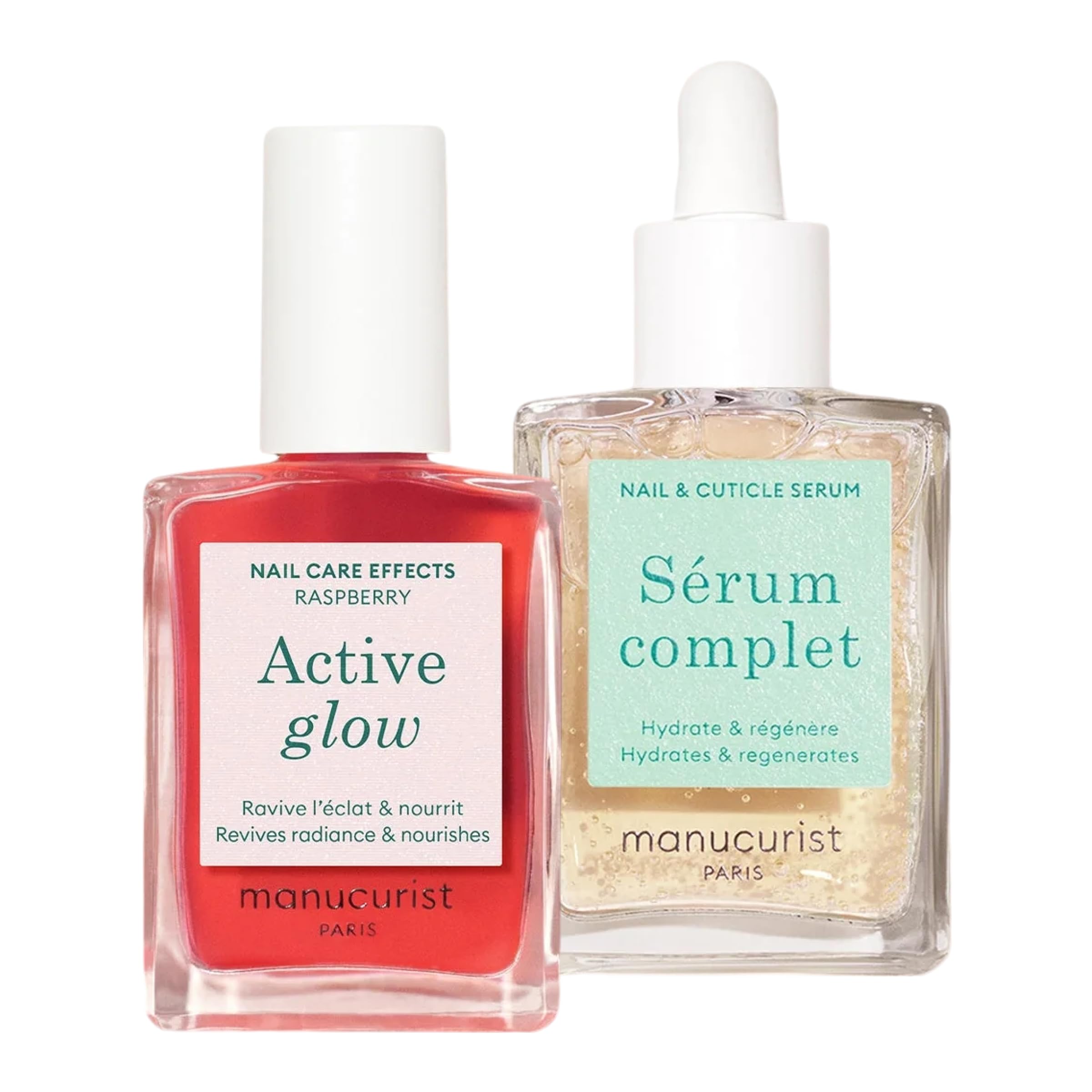 Manucurist Healthy Glow Duo - Active Glow Raspberry (Pink) Repairing Nail Polish Care & Complete Nail & Cuticle Serum - 2 in 1 Nail Strengthener Polish - Plant-Based - Nails Care Gifts for Women