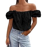 PRETTYGARDEN Women's Summer Off The Shoulder Tops 2026 Dressy Casual Puff Short Sleeve Embroidered Eyelet Cute Blouse Shirts