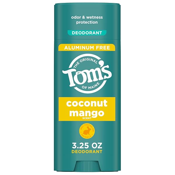 TOM’S OF MAINE COCONUT MANGO ALUMINUM FREE NATURAL DEODORANT FOR WOMEN & MEN | GOES ON CLEAR | ODOR & WETNESS PROTECTION | NATURALLY DERIVED AND MOISTURE-LOCKING INGREDIENTS | 3.25 OZ