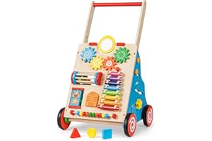 LACCHOUFEE Wooden Baby Walker, Adjustable Speed Toddler Push Walker Activity Center Toy with Shape Sorter Gift for Boy Girl 1 2 3 Year Old, Push Toys for Babies Learning to Walk, infant walker for 6-12-18 Months