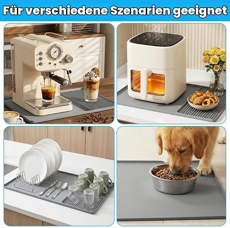 Kaffeemaschine Abtropfmatte aus Silikon, 2-in-1 Kaffeemaschine Unterlage, Abtropfmatte Geschirr, Kaffeematte mit Konvexem Rand, Silikon Matte für Kaffeevollautomat Küchenarbeitsplatten, Grau — Foto 7 von 8
