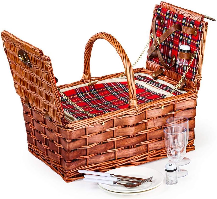 Lexi Home Wicker Picnic Basket for 2 or 4 | Picnic Set with Serveware | Picnic Kit with Reusable Plates, Cups, and Utensils | Picnic Gift Set (Red & Blue Plaid/2 Person)