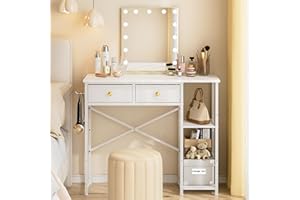 3IngSeagulls White Vanity Desk Without Mirror for Bedroom, Makeup Desk with 2 Fabric Drawers, Vanity Desk with Iron Hook, 36 Inches Vanity with Storage, White