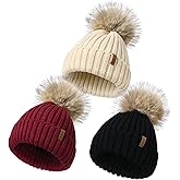 Kids Winter Hat Toddler Stretchy Knitted Beanie with Faux Fur Pom Poms Beanie for Baby Girls Boys