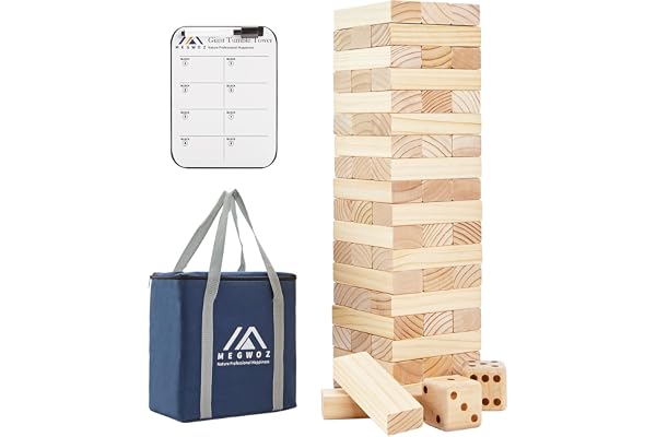 Megwoz Giant Tumble Tower, Backyard Game Stacking from 2Ft to Over 4.2Ft with 2 Dices|Scoreboard| Carrying Bag, Wooden Block