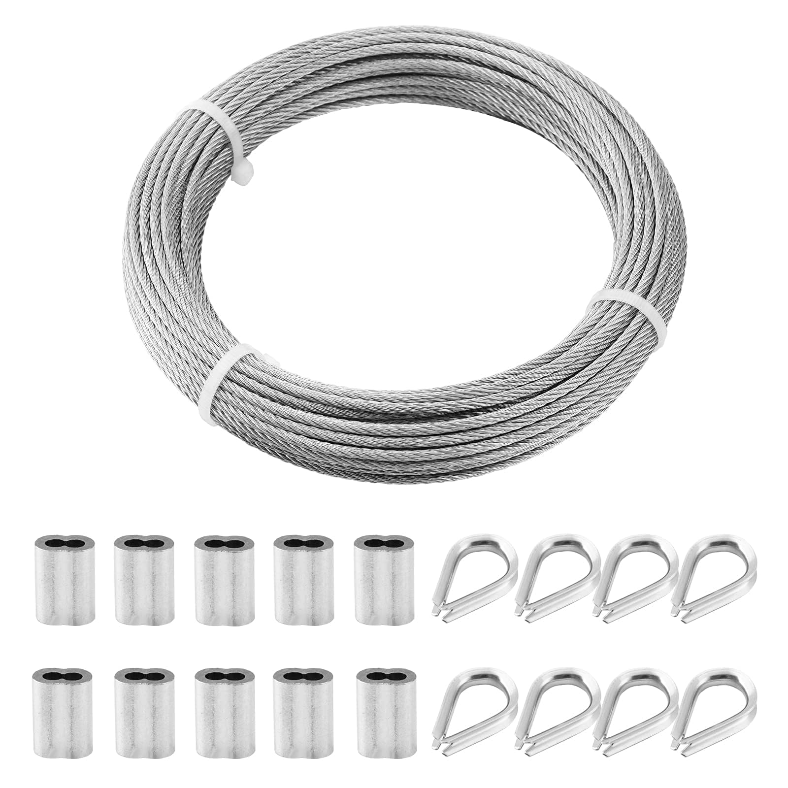 TooTaci 3mm Stainless Steel Cable Wire Rope, 20M Steel Wire 7×7 Strands with 10pcs M3 Crimping Sleeves & 8pcs Thimbles, Ideal for Garden Fence, Trellis, Cable Railing & Hanging DIY