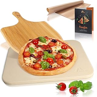 Amazy Pizzastein inkl. Bambus Pizzaschaufel, Dauerbackfolie und Beileger – Der Ultra-hitzebeständige Brotbackstein verleiht Ihrer Pizza den original italienischen Geschmack knuspriger Steinofenpizza