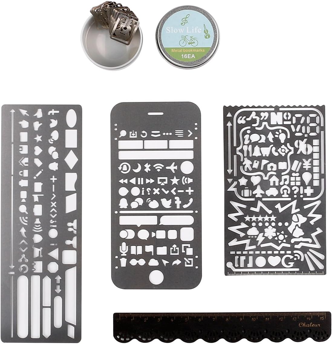 Srasi Pack of 3 Stainless Steel Drawing Painting Stencils Scale Template Sets Come with 16 Mini Bookmarks and One 15cm Wooden Ruler for Scrapbooking, Card and Craft Projects