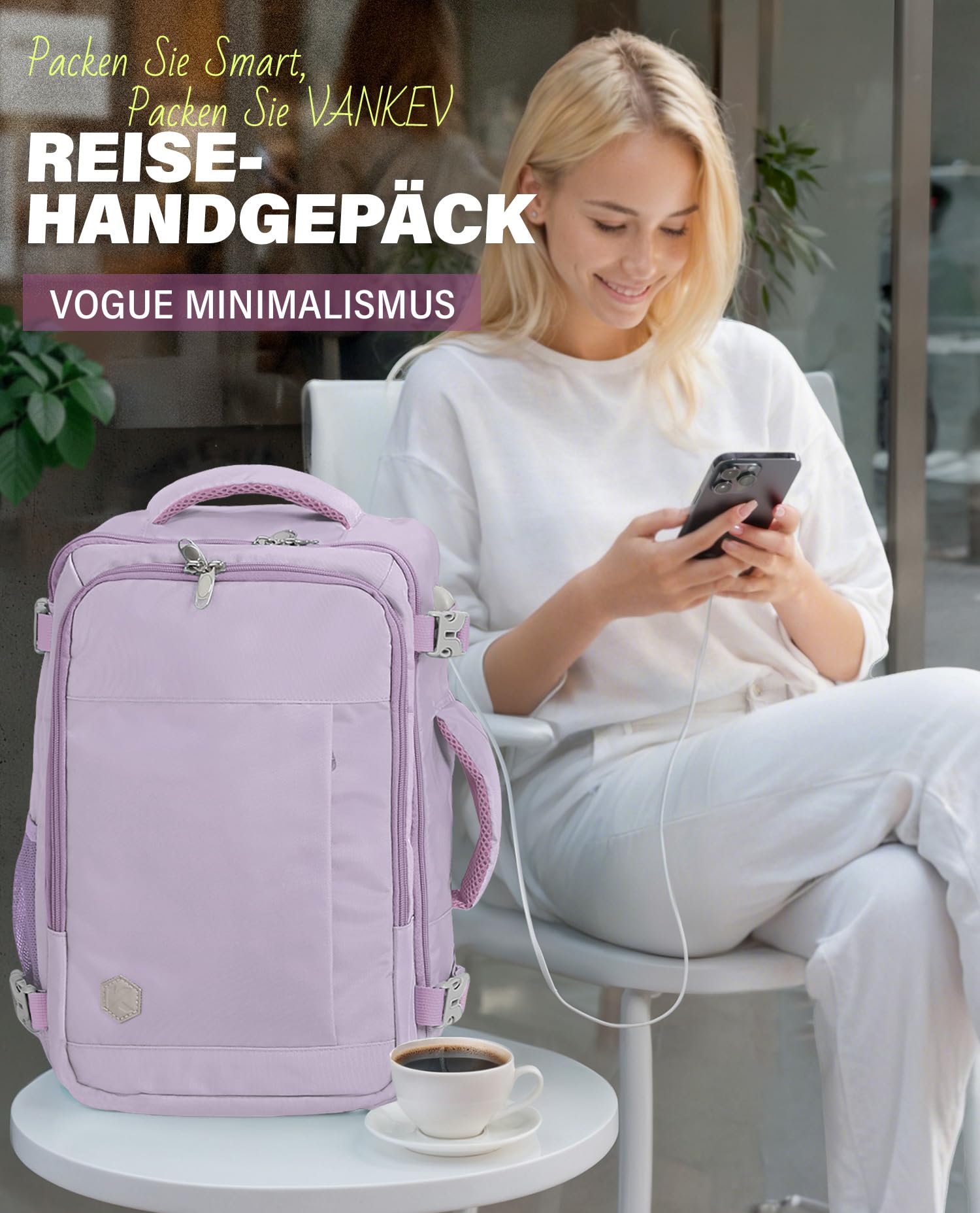 VANKEV für Easyjet Handgepäck 45x36x20 Laptop Rucksack Reiserucksack Handgepäck Tasche Rucksack 15.6 Zoll Laptop Backpack für Herren Damen Helllila 2