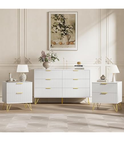 Amazon.com: CARPETNAL White Dresser and Nightstand 3 Piece Set for Bedroom,  1 X White and Gold 6 Drawer Dresser, Nightstand Set of 2 with Gold Handle  for Bedroom : Home & Kitchen