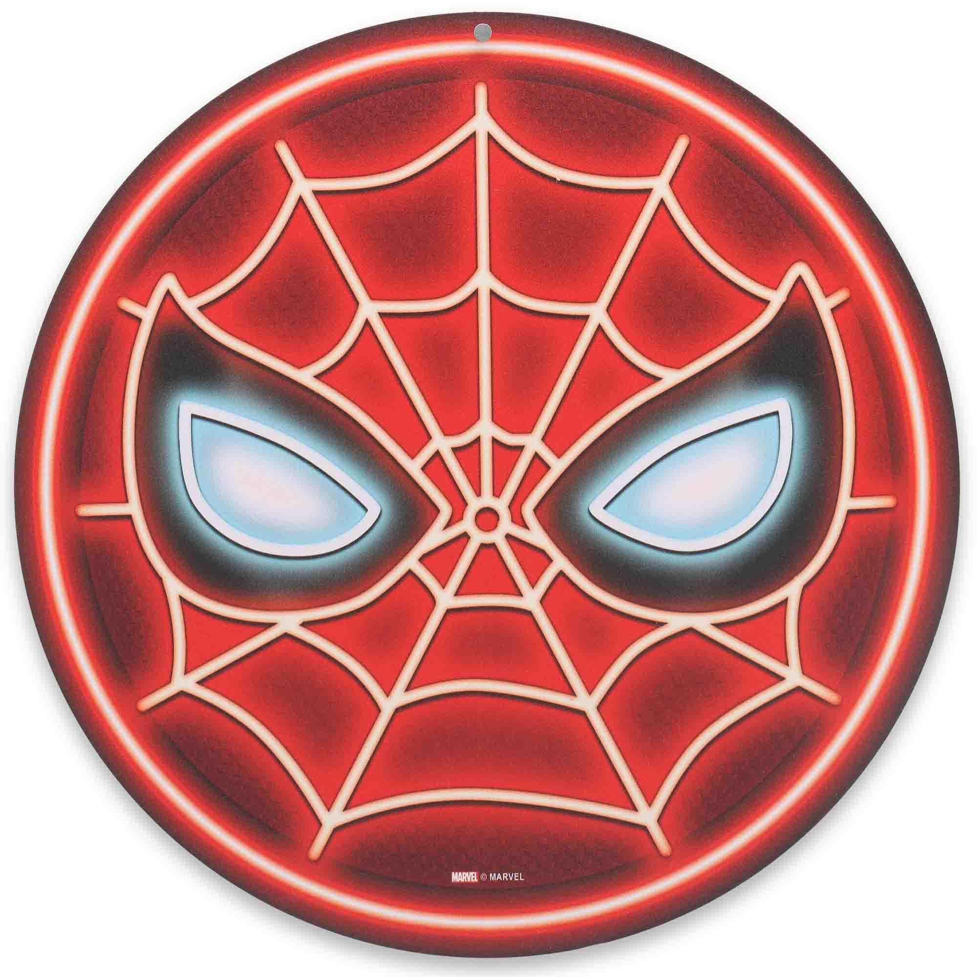 Open Road Brands Marvel Spider-Man Mask Faux Neon Round Metal Sign - Fun Spider-Man Wall Decor for Man Cave or Movie Room
