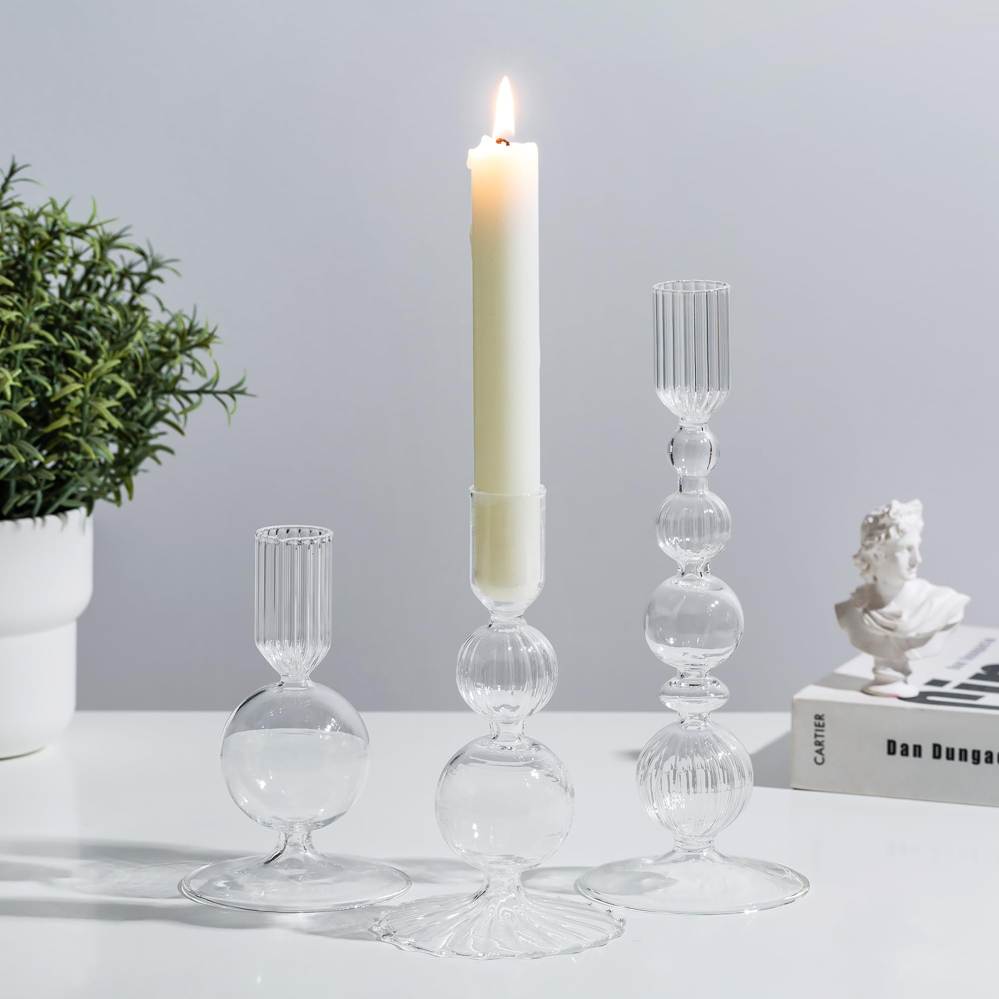 Glasseam Glass Candle Sticks Holder: Clear Taper Candle Holder Set of 3 Coloured Candlesticks Bubble Candle Holders for Living Room Candlestick Holders for Home Decor Party Tables Decoration
