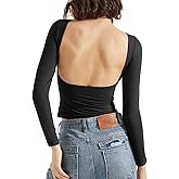 SUUKSESS Women Backless Going Out Tops Double Lined Open Back Basic Long Sleeve