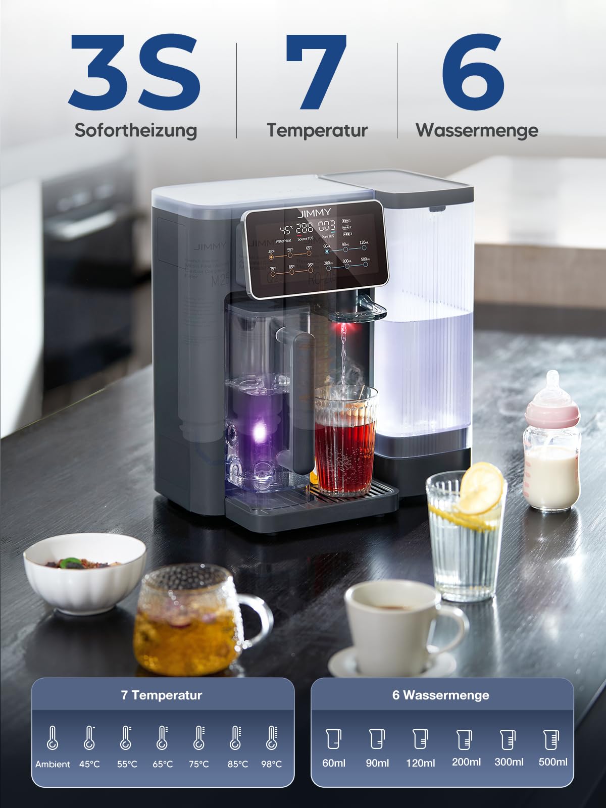 Jimmy R9 Osmoseanlage Trinkwasser Auftisch, Umkehrosmoseanlage Wasserfilter, mit Heißwasserspender, 7-stufiger Filterung RO & Mineralien, UV, 3S-Heizung, 7 Temperaturoptionen, Echtzeit-TDS-Monitor 4