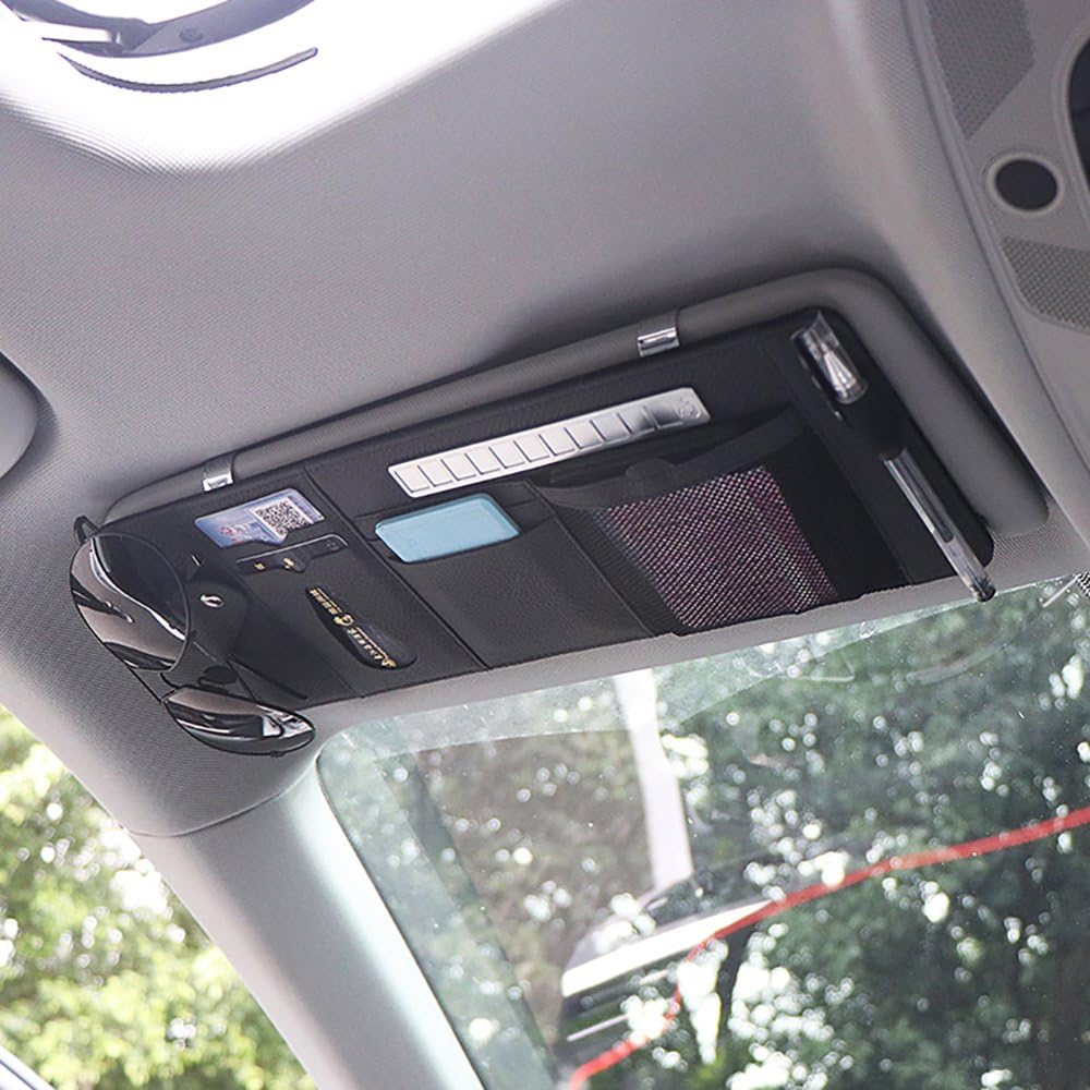 LOCEN Leather Car Sun Visor Organiser Storage Bag Clip with Luminous Paking Number Plate Pouch Sunglasses Holder, for Pen