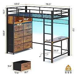 ADORNEVE Twin Size Loft Bed with Desk and 8 Storage