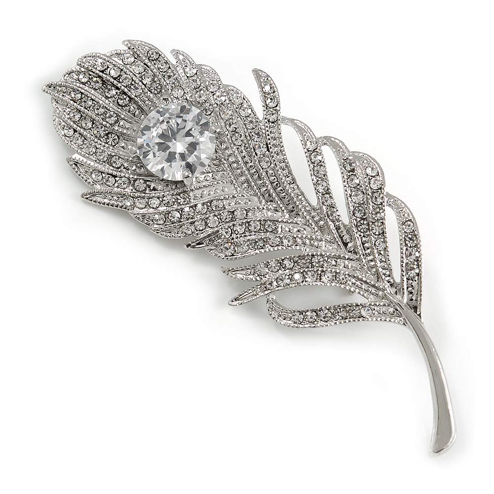 CZ/Clear Austrian Crystal Peacock Feather Brooch In Silver Tone Metal - 7cm Long