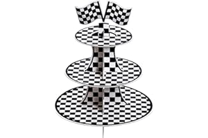 Sucrain 3-Tier Round Black and White Checkered Cardboard Cupcake Stand, Racing Car Theme, Easy to Assemble, Stable and Even, 