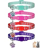 4PCS Breakaway Cat Collars,Reflective Cat Collar with Bells,Kitten Collars for Boy&amp;Girl Cats Breakaway Collar for Cats with Paw Pendant 6-9 Inch(Purple+Hotpink+Red+Teal)