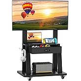 Mobile TV Stand with Storage Drawer for 23-75 Inch TVs up to 120lbs, Heavy Duty Rolling TV Cart with 2-Tier Shelves, Adjustable Height Outdoor TV Stand on Wheels, Max VESA 600x400mm, Black
