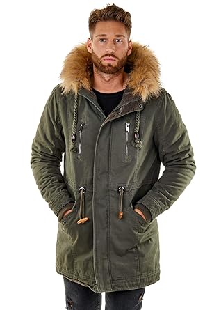 One Public MEGASTYL Herren Männer Winterjacke mit Abnehmbaren Kunstfell und Schnürdetails Rot Camel Khaki
