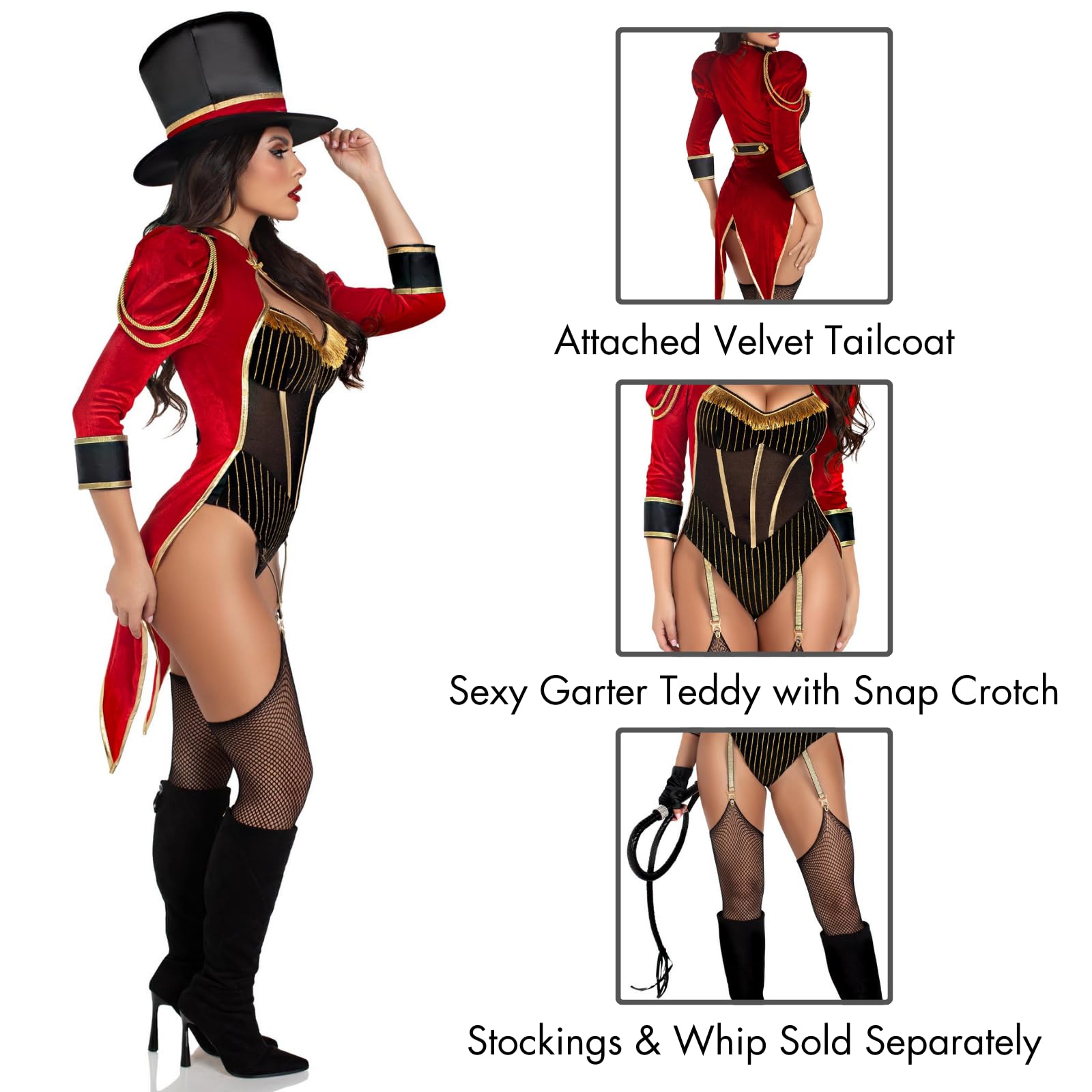 Leg Avenue Women's 2 PC Ravishing Ringmaster Costume Womens Halloween Costumes with Attached Velvet Tail Coat, and Top Hat
