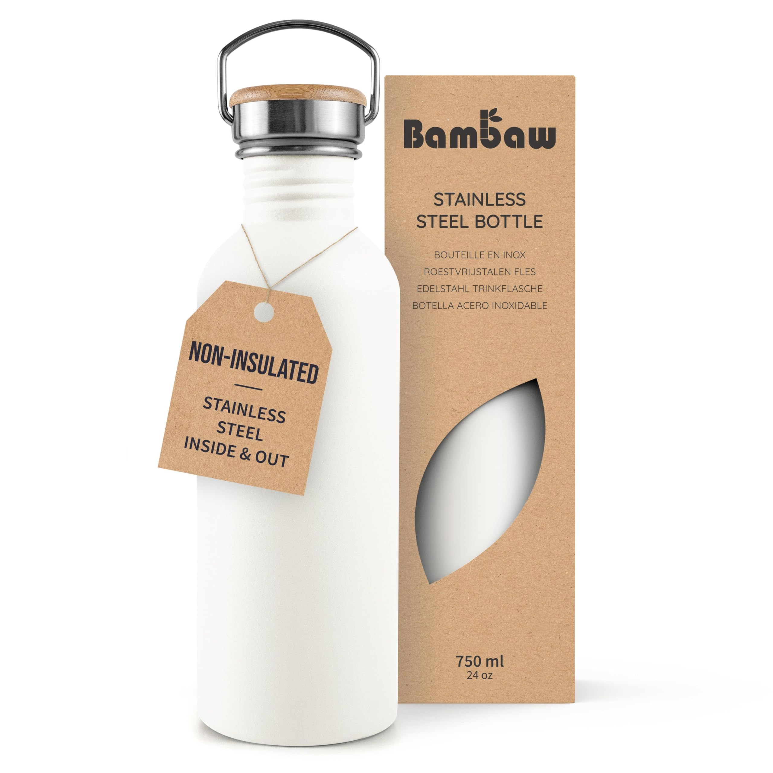Bambaw Stainless Steel Water Bottle 750ml - Non-Insulated, Metal, BPA Free, Leak Proof, Reusable - Polar White