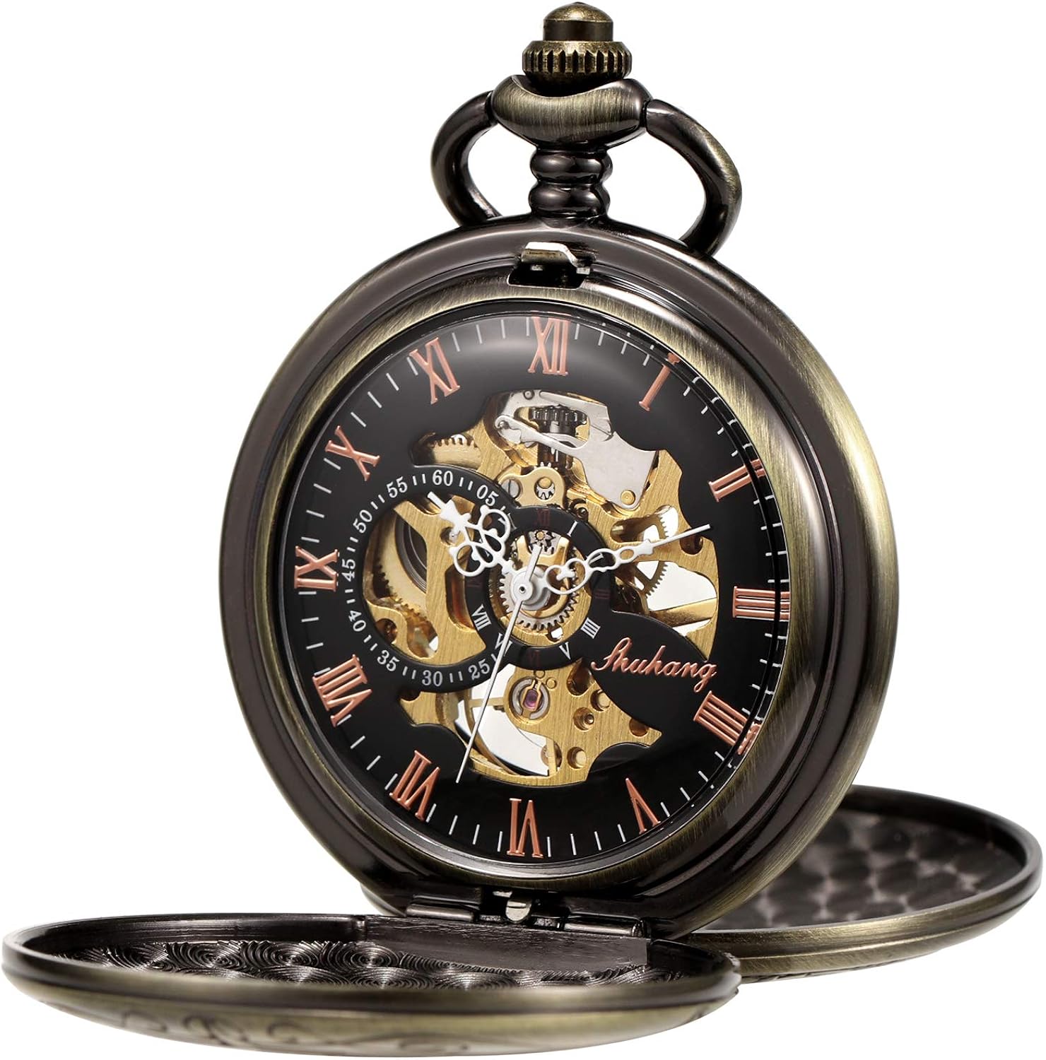 TREEWETO Mens Pocket Watch Antique Skeleton Mechanical Bronze Case 3D Steam Train Railroad Ruman Numerals Gifts for Train Lovers - Image 3