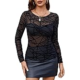 Avidlove Womens Mesh Floral Long Sleeve Tops Lace Undershirt Crew Neck Going Out Sheer Blouses 2025 Trendy