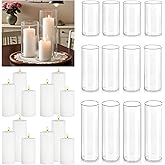 FFUW 24 Pcs White Pillar Candles with Glass Candle Holder Hurricane Glass Candle Holders Clear Cylinder Vases for Centerpieces Wedding Office Party Home Table Decor