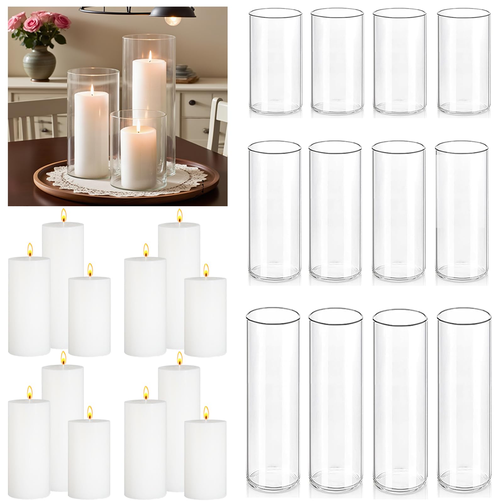 Photo 1 of FFUW 24 Pcs White Pillar Candles with Glass Candle Holder Hurricane Glass Candle Holders Clear Cylinder Vases for Centerpieces Wedding Office Party Home Table Decor