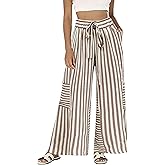 Bankeng Womens Summer Casual Striped Pants Loose Wide Leg Lounge Pants Elastic Waist Palazzo Trousers with Pockets