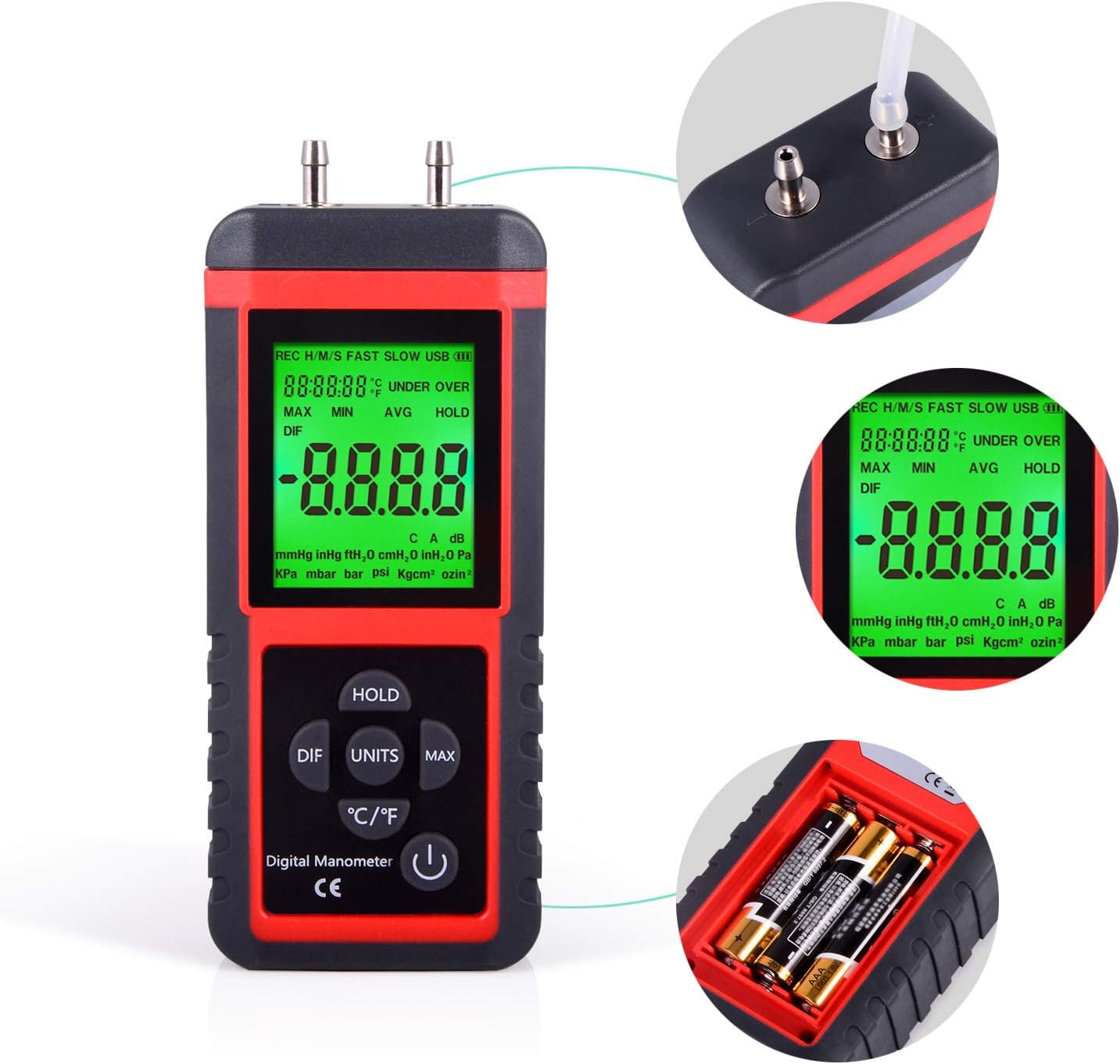 Ehdis Digital Manometer Air Pressure Meter Gas Gauge Reader with 32-bit MCU 24-bit ADC High Accuracy 12 Units Data Save or Hold - Image 3
