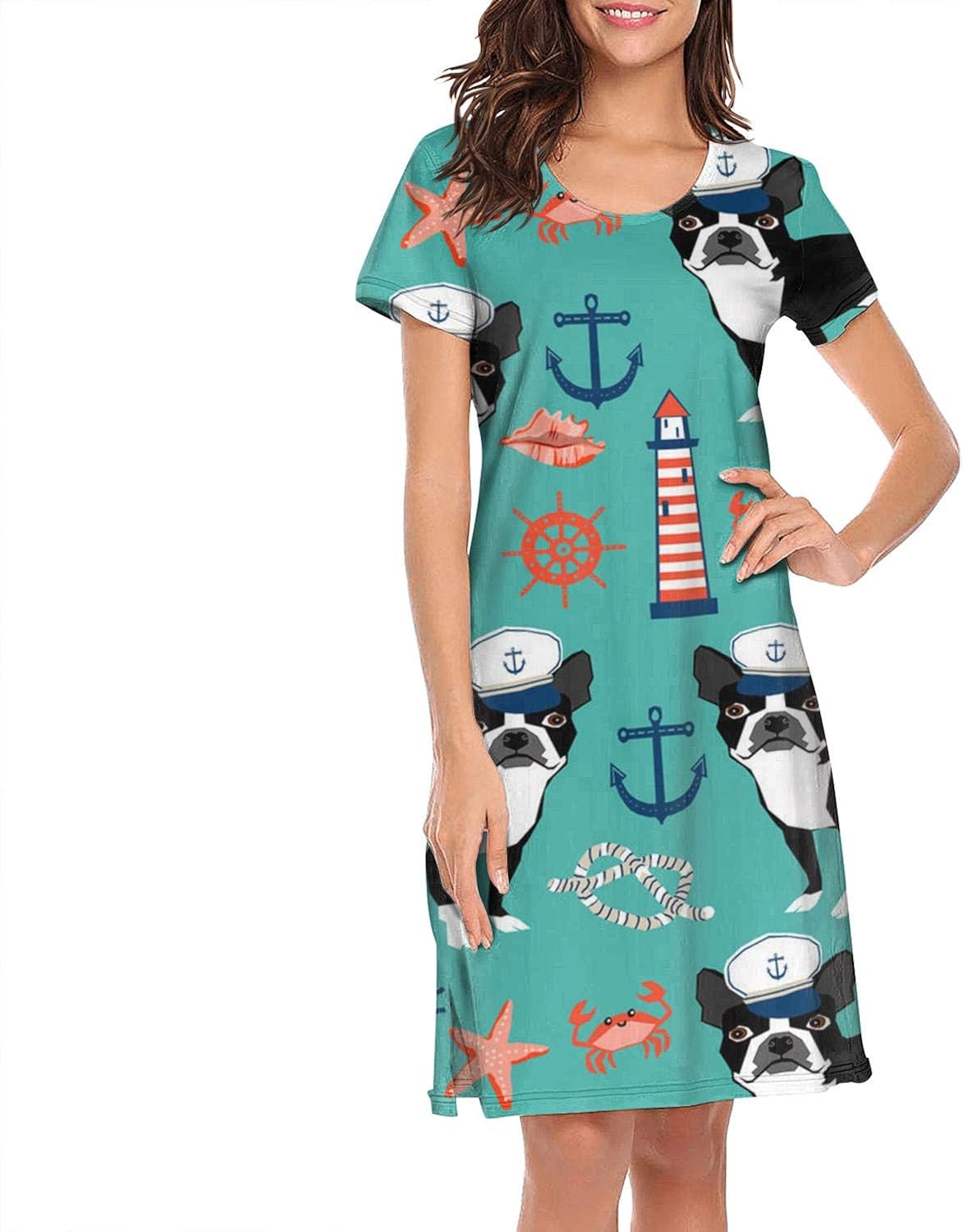 TIINTEXBA Funny Nightgowns for Women Nautical Boston Terrier Dog Light House Cotton Short Sleeve