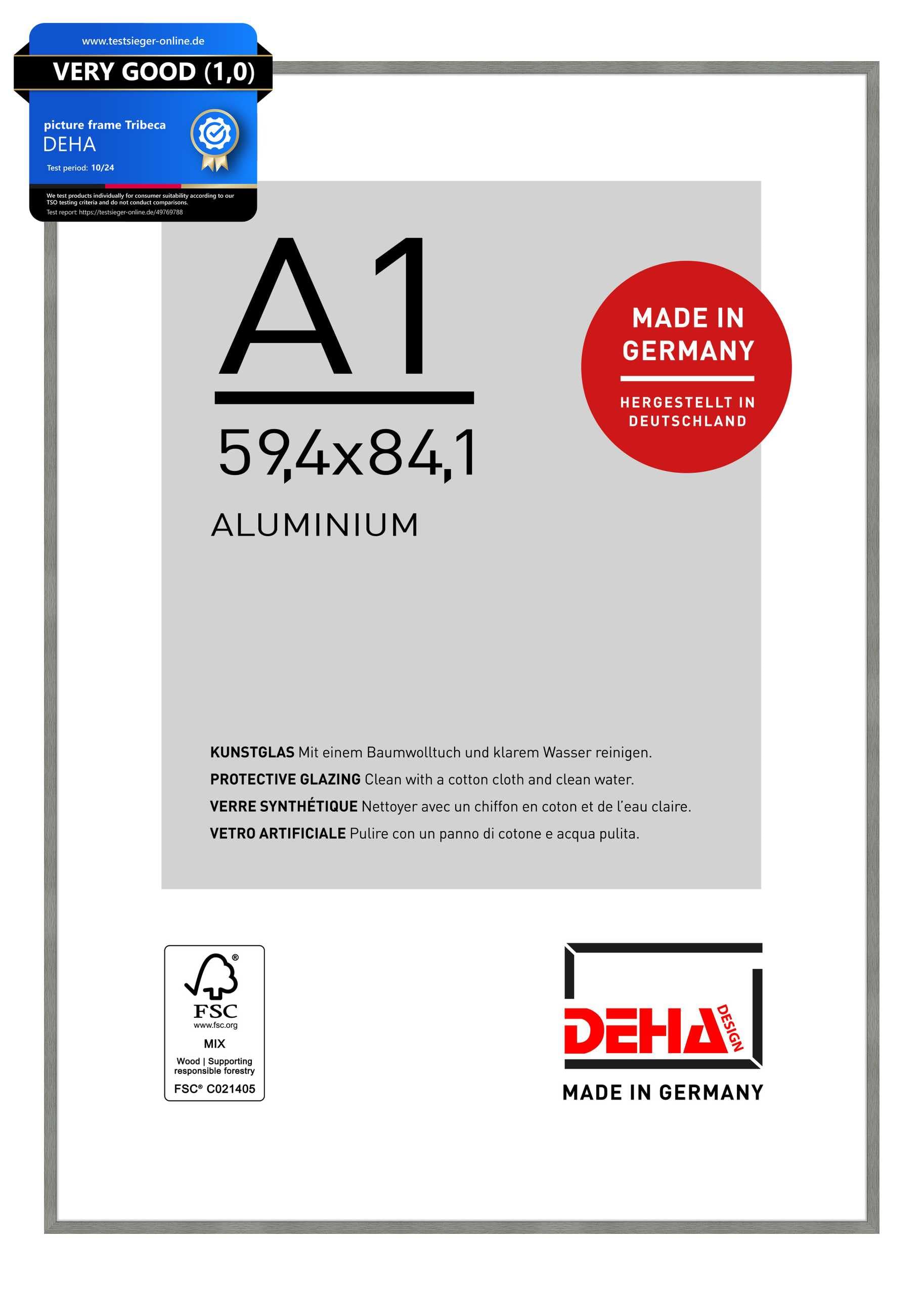 DEHA Design Tribeca Aluminium Picture Frame - A1 (59.4x84.1 cm) – Brushed Grey - with Synthetic Glass and Push/Turn Clips