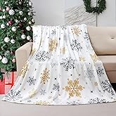 Bestraily Christmas Throw Blanket Geometric Golden Gray Snowflake Throw Blanket Xmas Theme White Soft Warm Cozy Fuzzy Plush Throw Blankets Lightweight Fluffy Blankets for Bed Chair Couch 50" X 60"