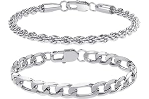 UHIBROS 316L Stainless Steel Mens Chain Bracelet, 18K Gold Fashion Sturdy Metal Link, Silver Black Cuban/Figaro/Paperclip/Rope Jewelry Gift Set for Men, Women, Dad, Father, Boyfriend, Girlfriend