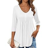MEROKEETY 3/4 Length Sleeve Womens Tunic Tops Summer Dressy Casual Pleated Loose Fit Shirt Blouses