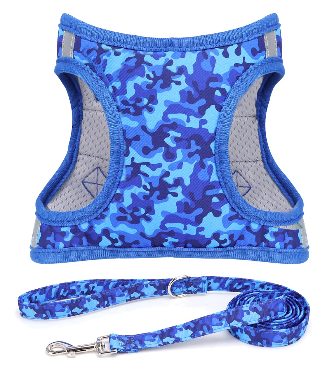 Moonpet Step in Air Boy Dog Harness Leash Set- All Weather Reflective No-Pull Padded Mesh Vest Harness for Cats Puppy Extra-Small Small Medium Large Dogs - Blue Camouflage - XXS