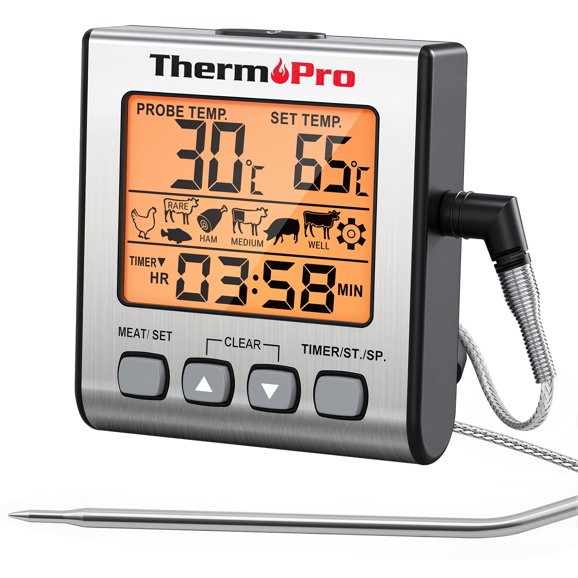 ThermoPro TP16S Digital Meat Thermometer Accurate Candy Thermometer Smoker Cooking Food BBQ Thermometer for Grilling with Smart Cooking Timer Mode and Backlight