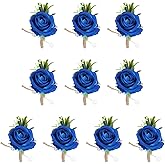 MECCANIXITY 10PCS Men Boutonnieres Corsages, Sapphire Blue Rose Groomsmen Corsage Wristlet with Pins for Wedding Ceremony Anniversary, Dinner Party