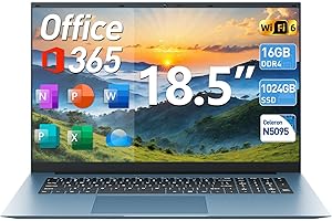 Naclud 18.5 Inch Laptops with 16GB RAM 1024GB SSD Ordinateur Portable, 1 Year Office 365, Celeron Quad-Core, Windows 11 Pro, 