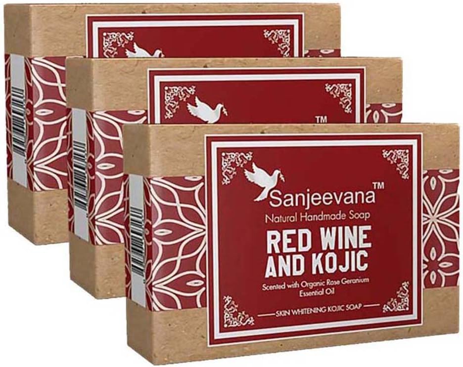 Sanjeevana Ayurveda Handmade Bathing soap | Made with Natural Ingredients Hand made soaps (RED WINE AND KOJIC, PACK OF 3)