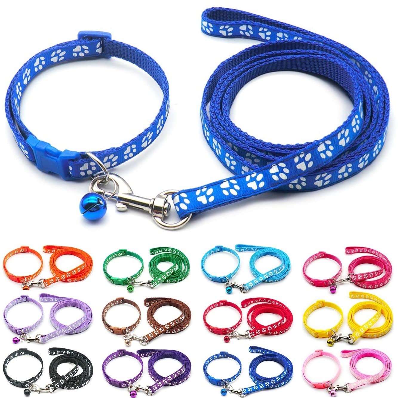Small Dog Puppy Pet Collar and Lead Set Pawprint Design Nylon Adjustable Size 19-32cm Collar with Bell and 120cm Leash Blue
