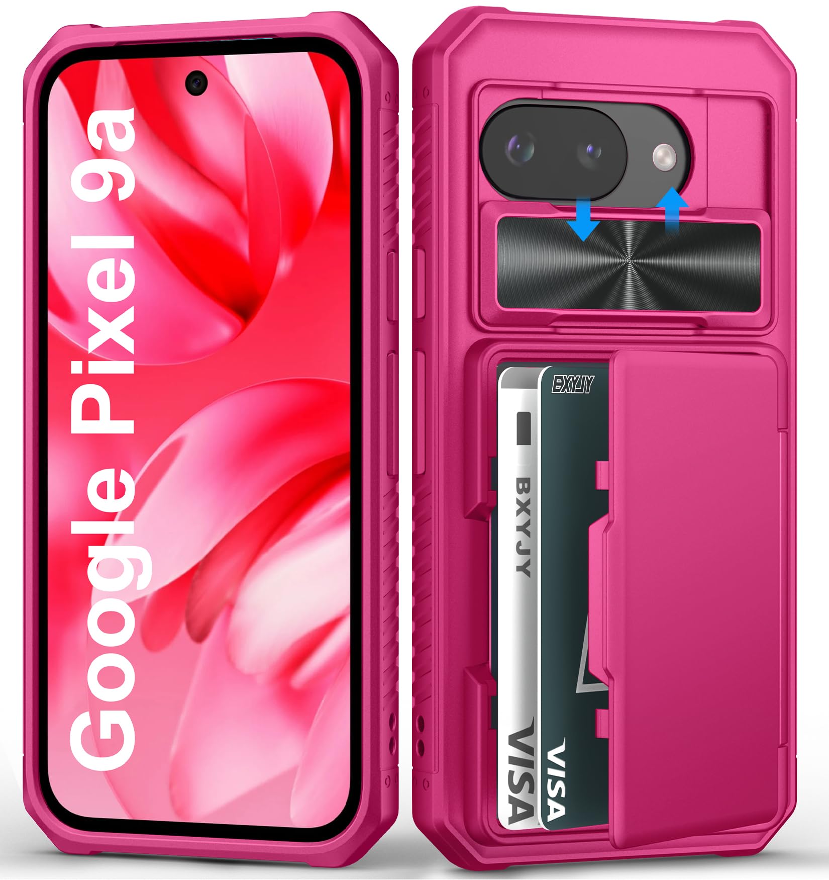 Photo 1 of BXYJY for Google Pixel 9a Wallet Case, Built-in Card Holder (4-5 Cards), Slide Camera Cover, Military Drop Protection, Heavy Duty Men Women Rugged Protective Wallet Case for Google Pixel 9a, Hot Pink