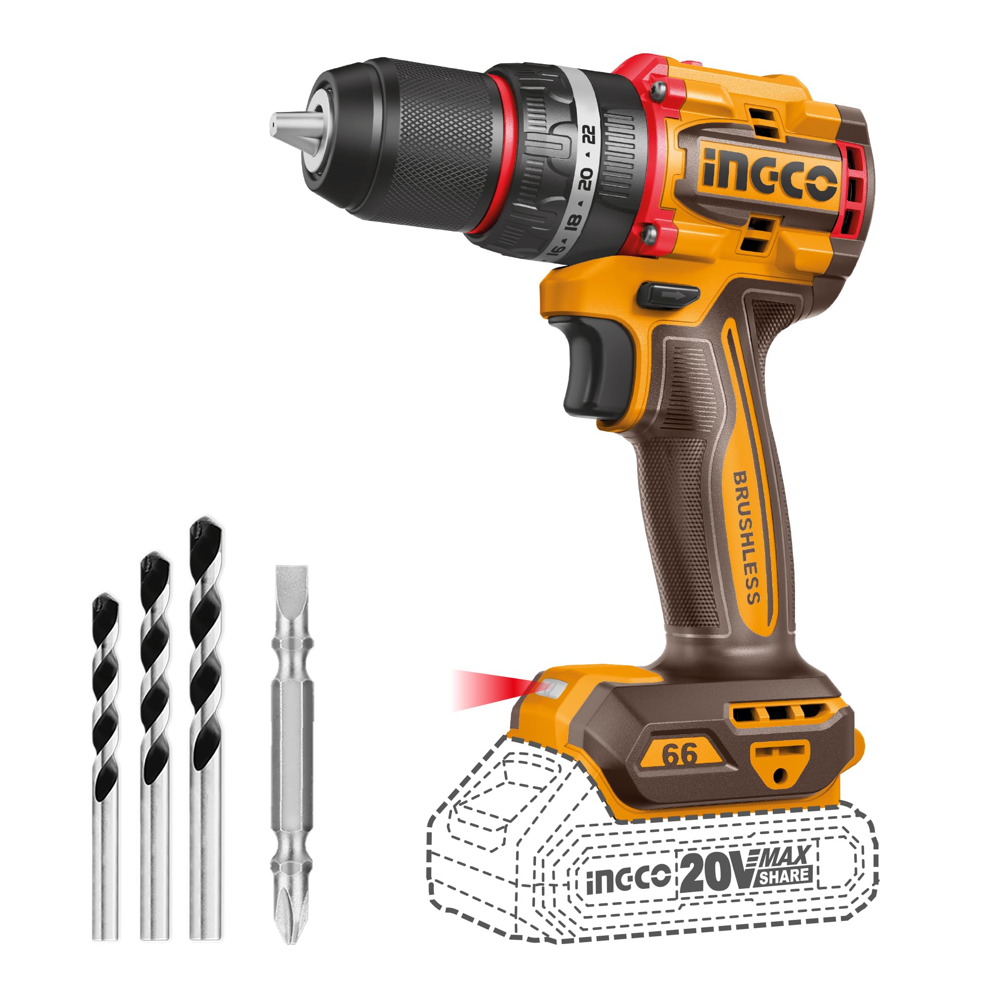 INGCO 20V Cordless Hammer Drill (Body Only), Compact Impact Drill 66NM, Brushless Motor, Variable Speed Control, 22+1+1 Torque Setting with LED Work Light CIDLI206681